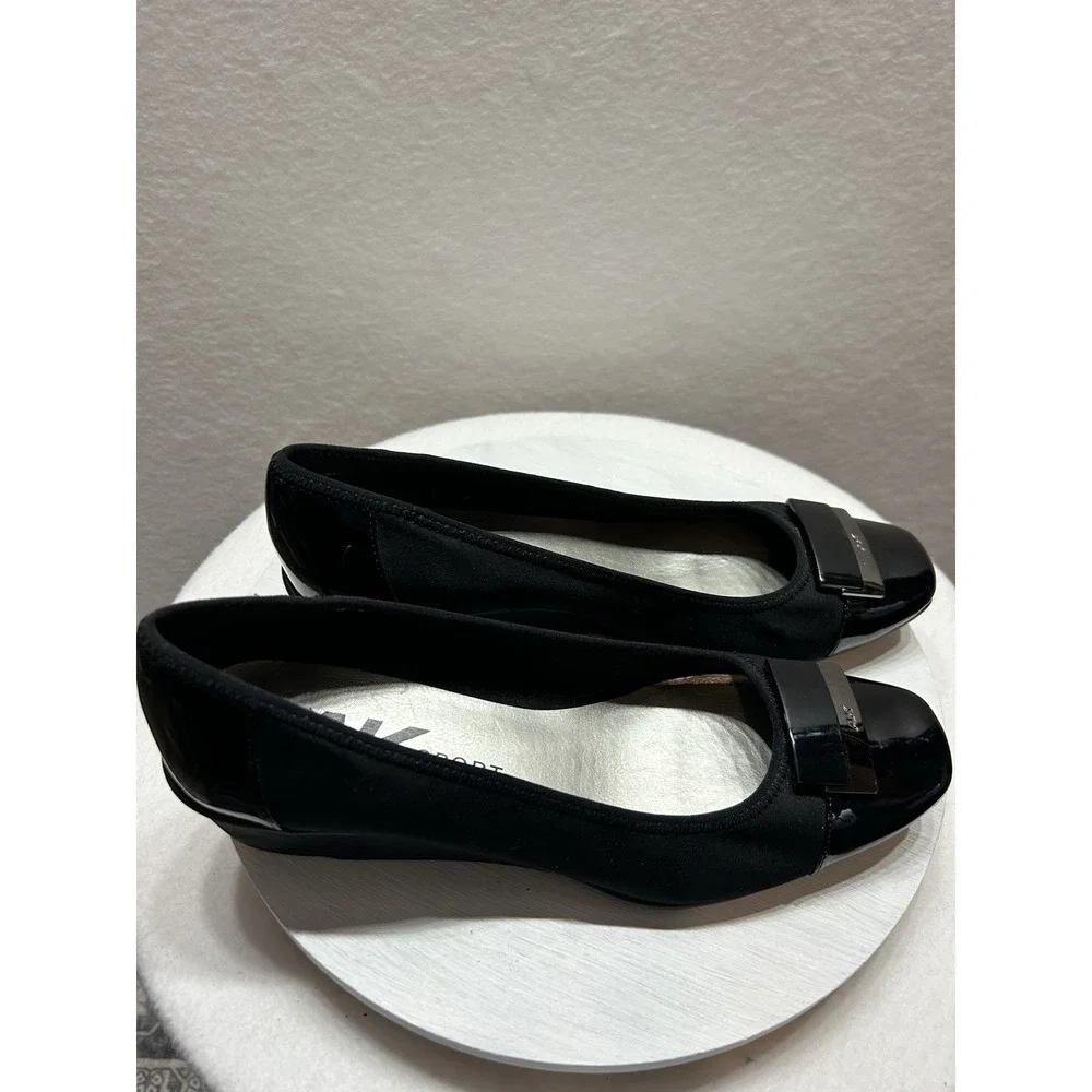 Ak Anne Klein Sport Wedge Shoes Patent Black Fabric Buckle Women's 10M